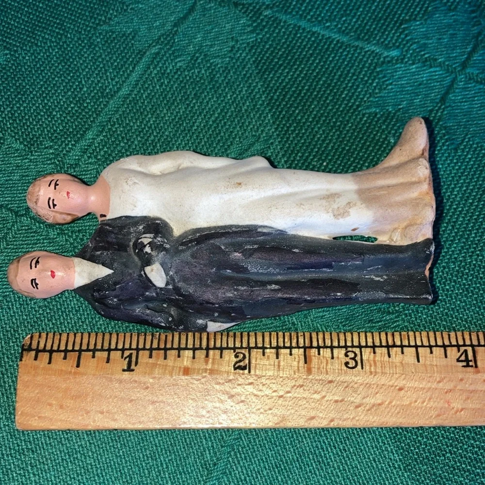 VINTAGE CAKE TOPPERS, 2 couples, 1 white porcelain w/gold, 1 rustic. $19